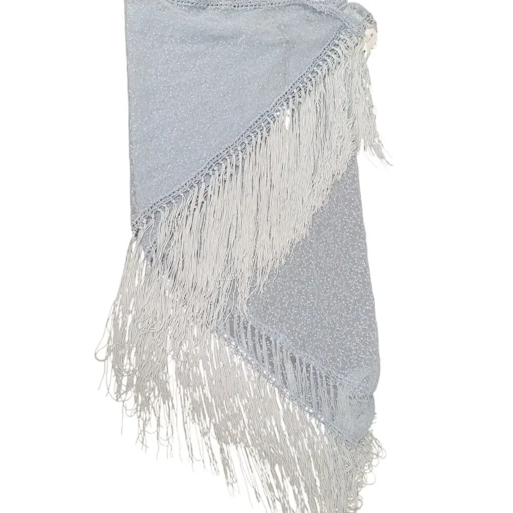 Light Blue Fringe Triangle Shawl NWT Crochet Knit Wrap Scarf Boho Coastal